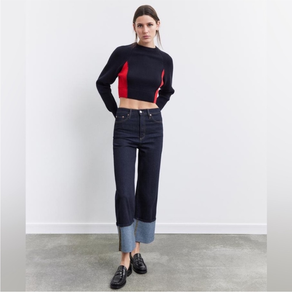 Zara Crop Knit Sweater Navy & Red - Size Medium